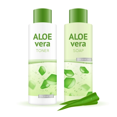 Leaves and bottles with aloe vera water toner and soap on white background realistic vector illustration