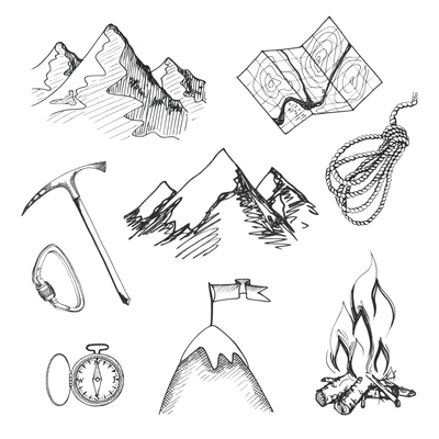 Mountain climbing camping decorative icon set with map rope compass campfire isolated vector illustration