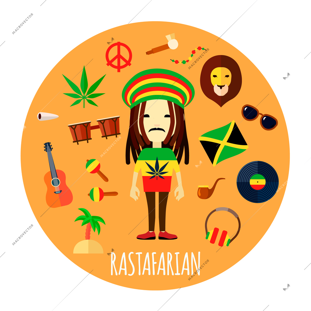 Member of rastafari belief and way of life character accessories flat round yellow background abstract vector illustration