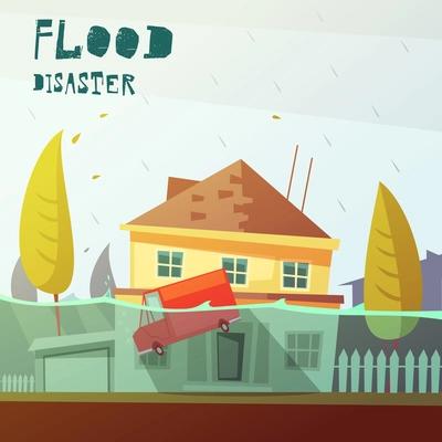 Color cartoon illustration flood disaster depicting underwater vehicle  and flooded house vector illustration