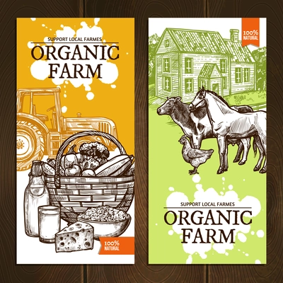 Support local farmers organic farm vertical banners with farm animals tractor dairy products and vegetables on wooden background sketch hand drawn isolated vector illustration