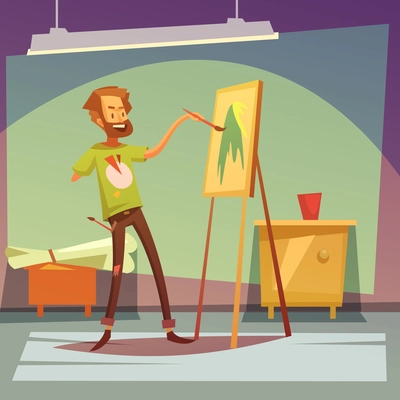 Color cartoon illustration depicting disabled artist painting without right hand vector illustration