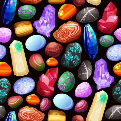 Seamless pattern with shiny crystals stones and rocks of various shape size and color on black background cartoon vector illustration