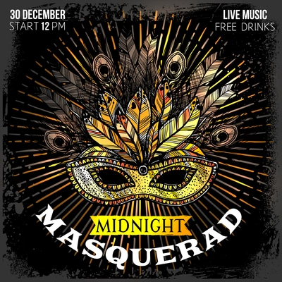 Midnight masquerade party poster with time place and big beautiful mask with feathers and decorations hand drawn vector illustration