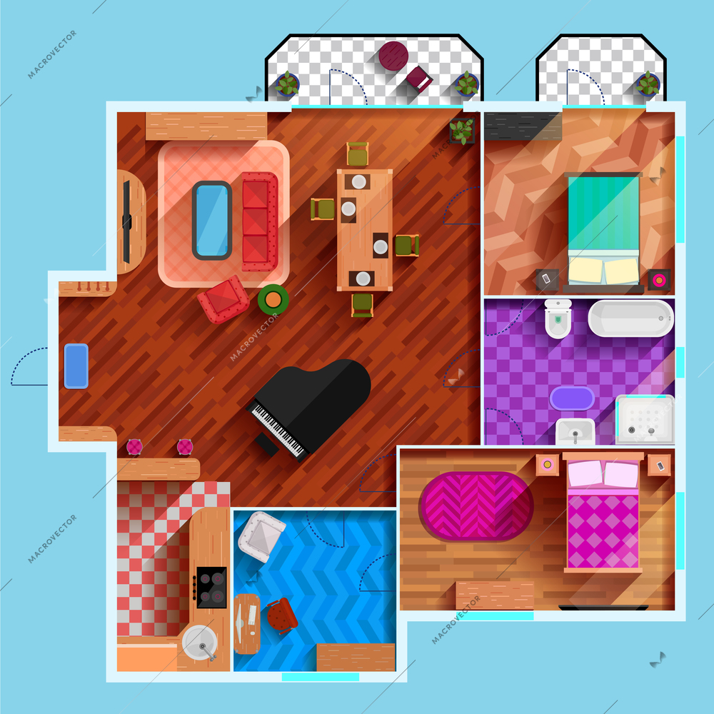 Top view of the interior of typical apartment with furniture dining room bedrooms kitchen bathroom and balcony flat vector illustration