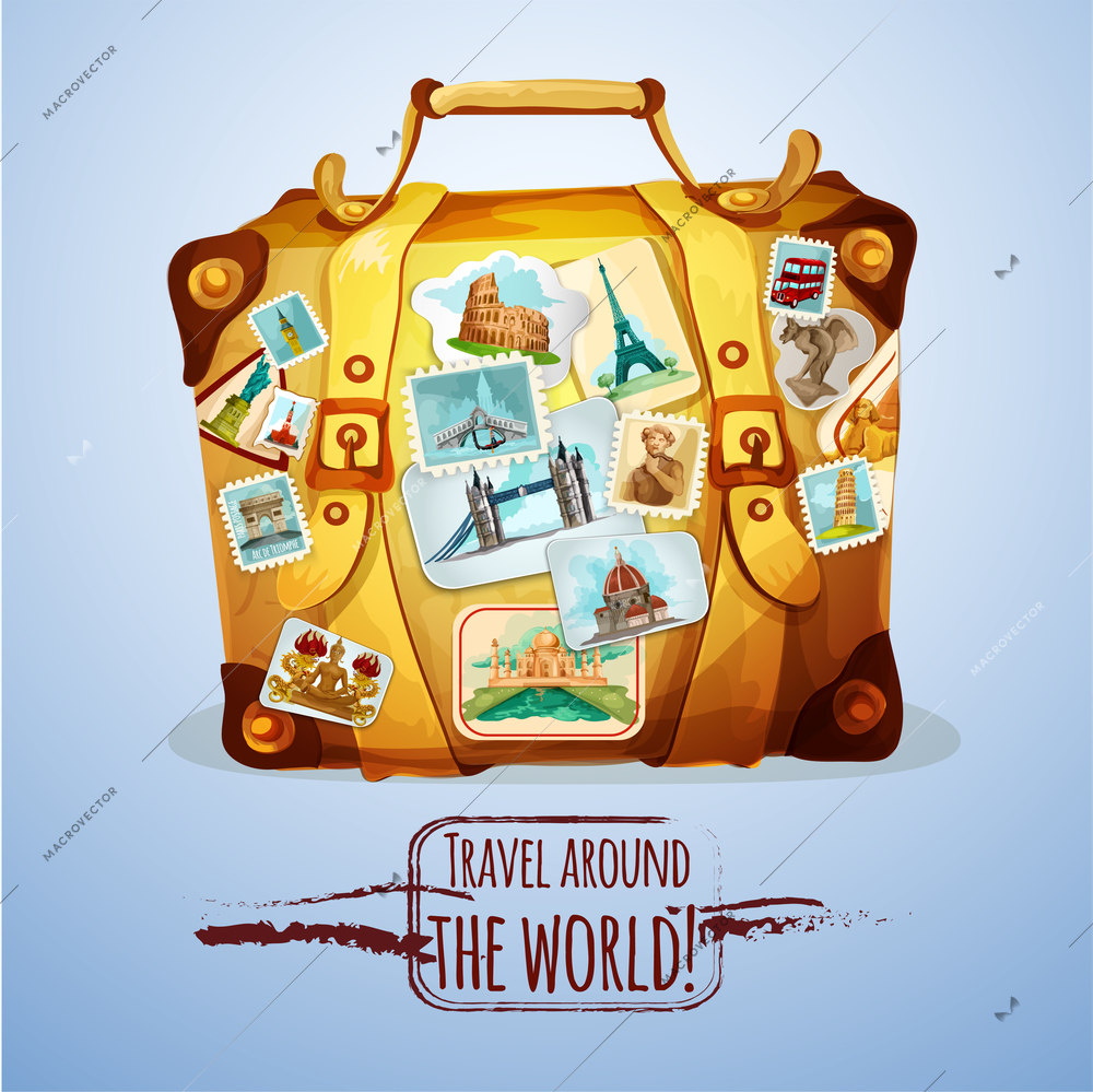 Touristic suitcase with world landmark stamps and stickers cartoon poster vector illustration