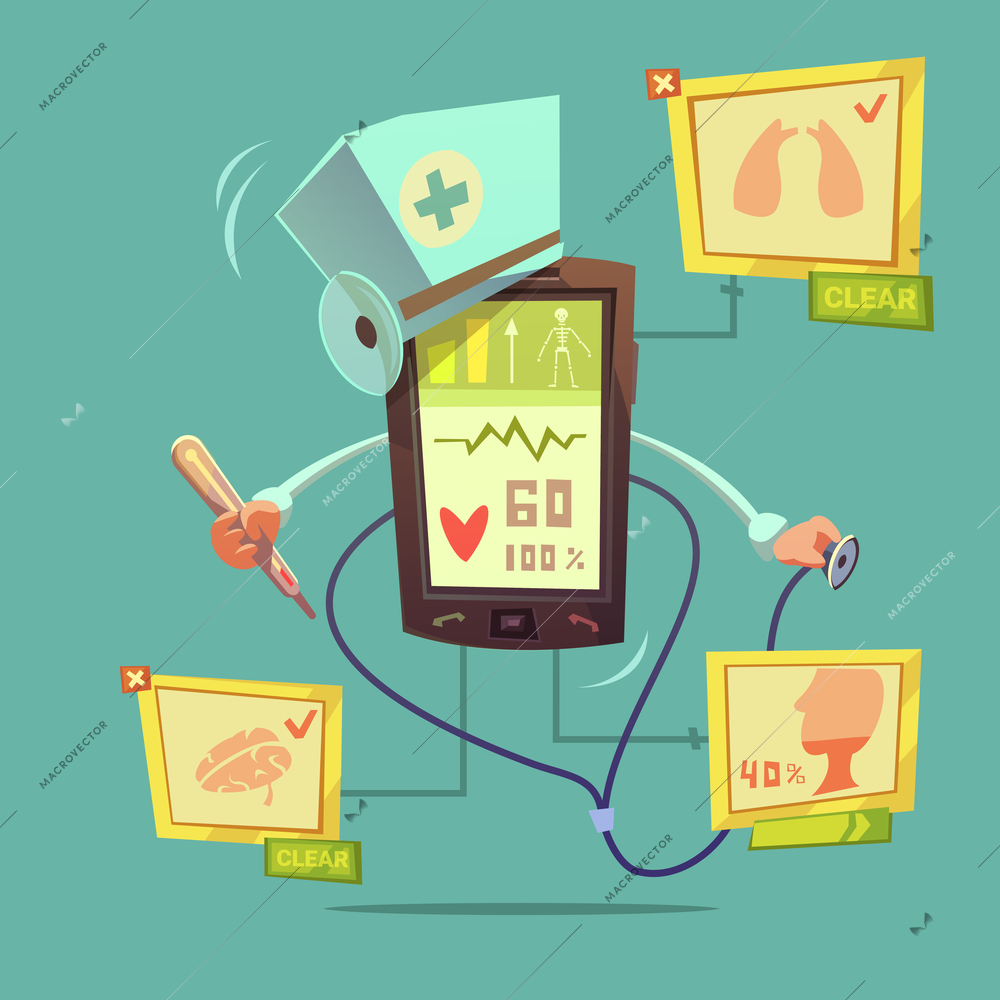 Mobile online health diagnostic concept with healthcare symbols on green background vector illustration