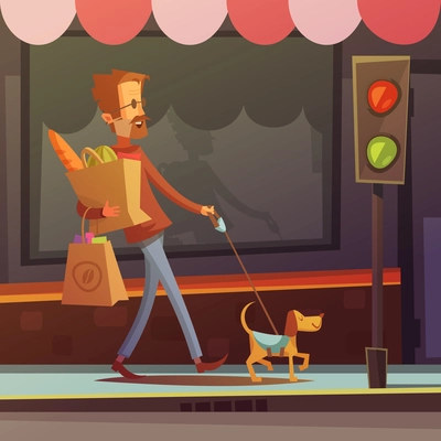 Color cartoon illustration depicting disabled blind man with dog on the road vector illustration