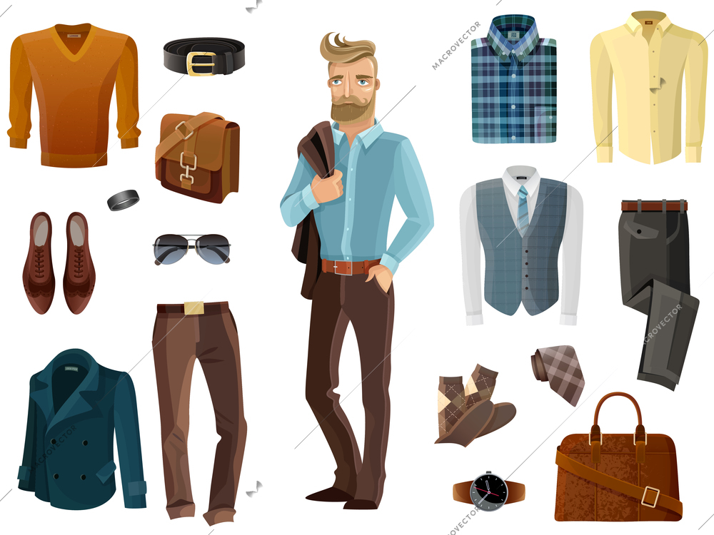 Fashion formal clothing shoes accessories set and hipster man with coat over his shoulder in middle on white background cartoon isolated vector illustration