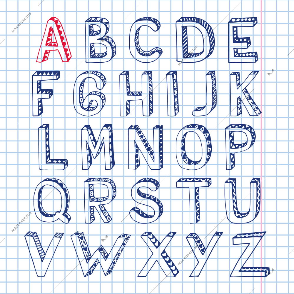 Sketch hand drawn 3d doodle alphabet letters on squared notebook page isolated vector illustration