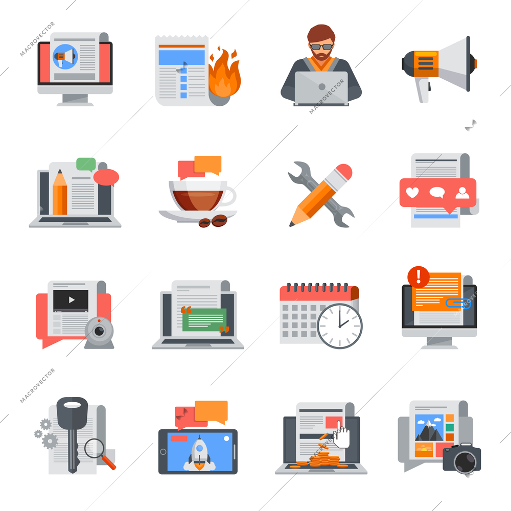 Flat design blogging icons set for blog management on white background isolated vector illustration