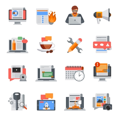 Flat design blogging icons set for blog management on white background isolated vector illustration