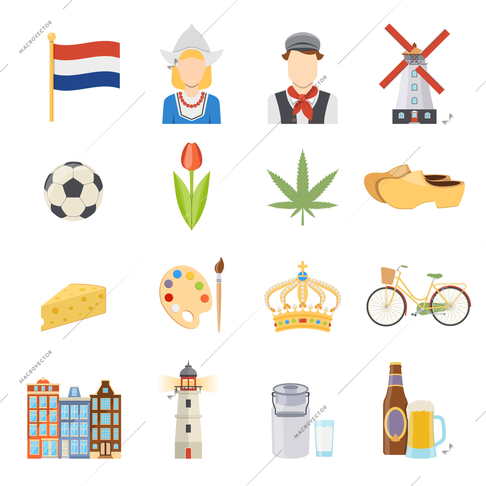 Colorful netherlands symbols and dutch culture flat icons set on white background isolated vector illustration