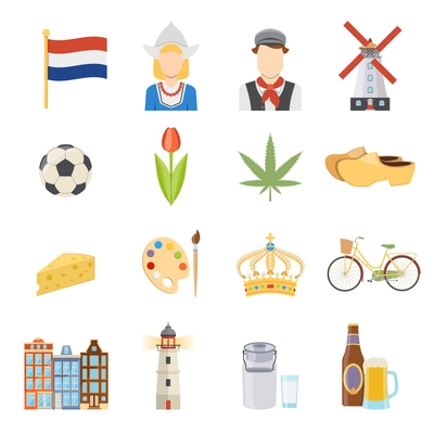 Colorful netherlands symbols and dutch culture flat icons set on white background isolated vector illustration