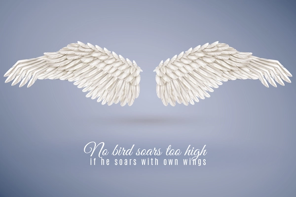 Pair of big realistic white bird wings set in middle isolated on blue background with quotation vector illustration