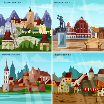 European Cityscapes Concept. Europe And Sights Vector Illustration. European Cities Flat Icons Set. European Countries Design Set. Eastern Europe Isolated Elements.