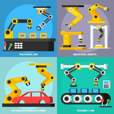 Automation conveyor manufacturing robotic arms in process orthogonal 2x2 flat icons set with assembly and packaging lines isolated vector illustration