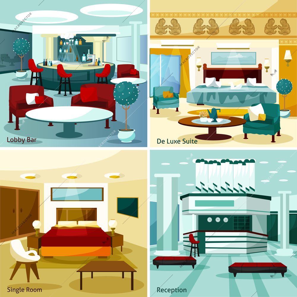 Colorful modern hotel interior lobby bar de luxe suite single room and reception 2x2 design concept cartoon vector illustration