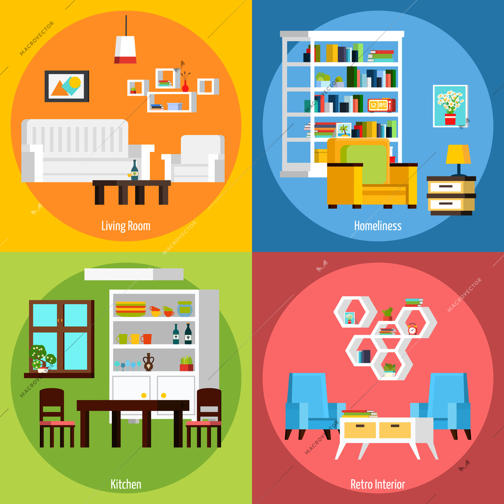 Interior of different rooms presenting living room homeliness kitchen and retro interior orthogonal 2x2 compositions vector illustration