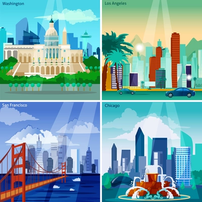 American Cityscapes Concept. USA And Sights Vector Illustration. US Cities Flat Icons Set. American Cities Design Set. US Cityscapes Isolated Elements.