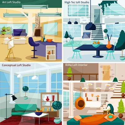 Loft Studio Interior Concept. Loft Room Interior Vector Illustration. Loft Studio Flat Icons Set. Loft Studio Design Set.Loft Studio Isolated Elements.