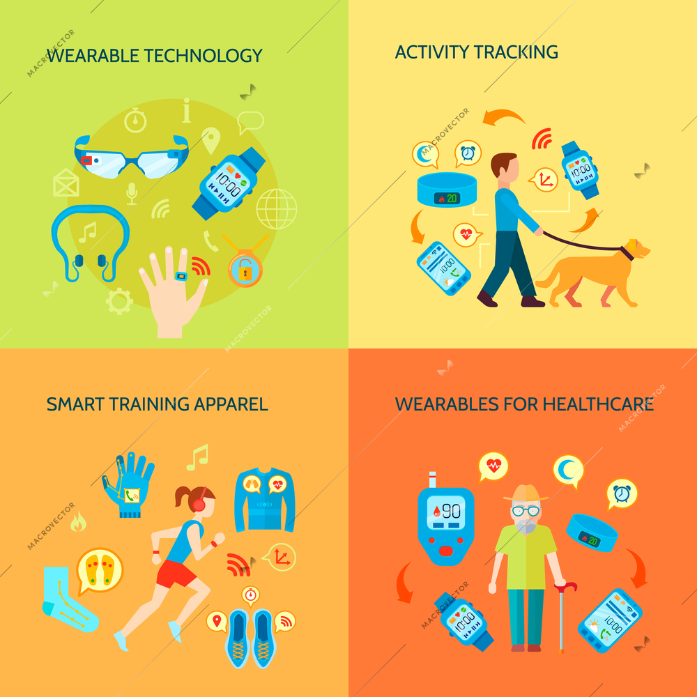 Smart Technology Concept. Wearable Technology Vector Illustration. Wearable Technology Gadgets Flat Icons Set. Wearable Technology Design Set. Wearable Technology Gadgets Isolated Elements.