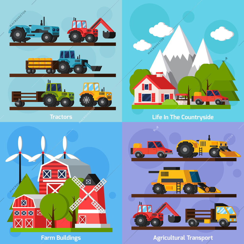 Farm orthogonal flat 2x2 icons set showing life in countryside and tractors agricultural transport and farm buildings isolated vector illustration