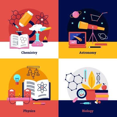 Science square banners about chemistry biology physics astronomy vector illustration