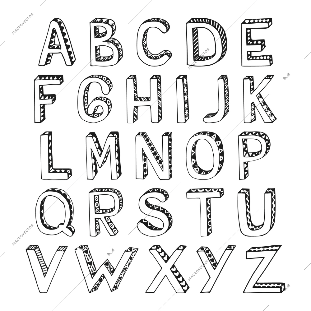 Sketch hand drawn 3d alphabet with hatch lozenge and heart ornament font letters isolated vector illustration