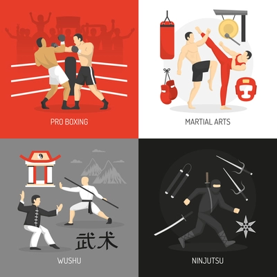 Martial arts concept with boxing chinese fighting school ninja and edged weapon training equipment isolated vector illustration