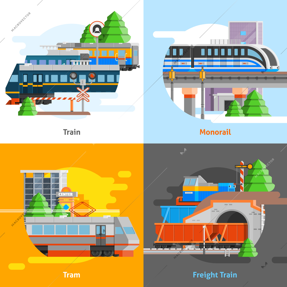 Rail transport 2x2 design concept set of passenger and freight trains monorail and tram compositions flat vector illustration