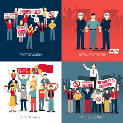 People at demonstration concept with protest action festive rally leader of social movement arrest isolated vector illustration
