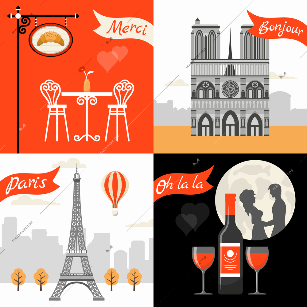 France Paris Retro Style Concept with triumphal arch eiffel tower street cafe romantic appointment isolated vector illustration