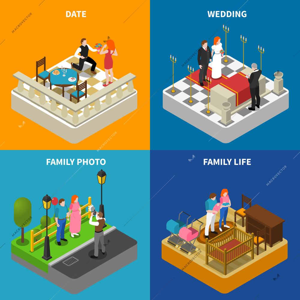 Family photos 4 isometric icons square composition poster with wedding ceremony and engagement abstract isolated vector illustration