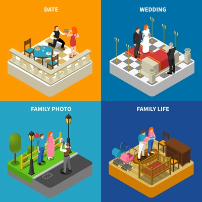 Family photos 4 isometric icons square composition poster with wedding ceremony and engagement abstract isolated vector illustration