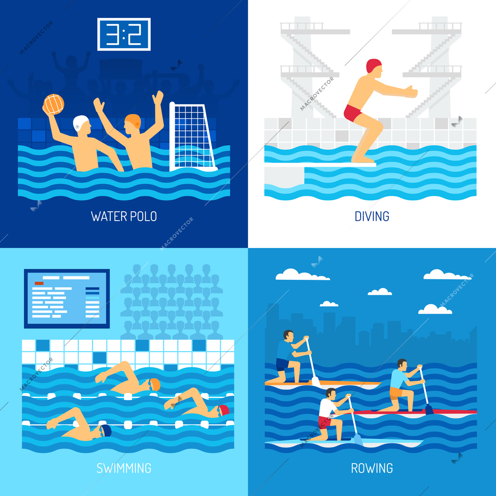 Water sport concept with polo swimming diving in pool canoe rowing at outdoor isolated vector illustration