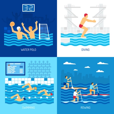 Water sport concept with polo swimming diving in pool canoe rowing at outdoor isolated vector illustration