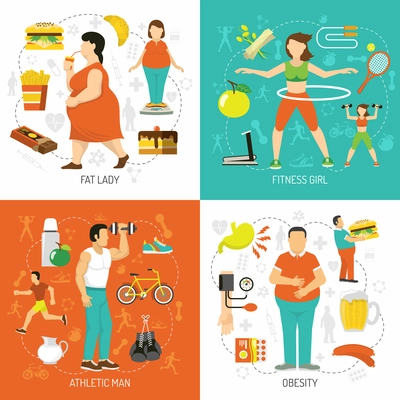 Obesity and health concept with fat people junk food diet sportive girl athletic man isolated vector illustration