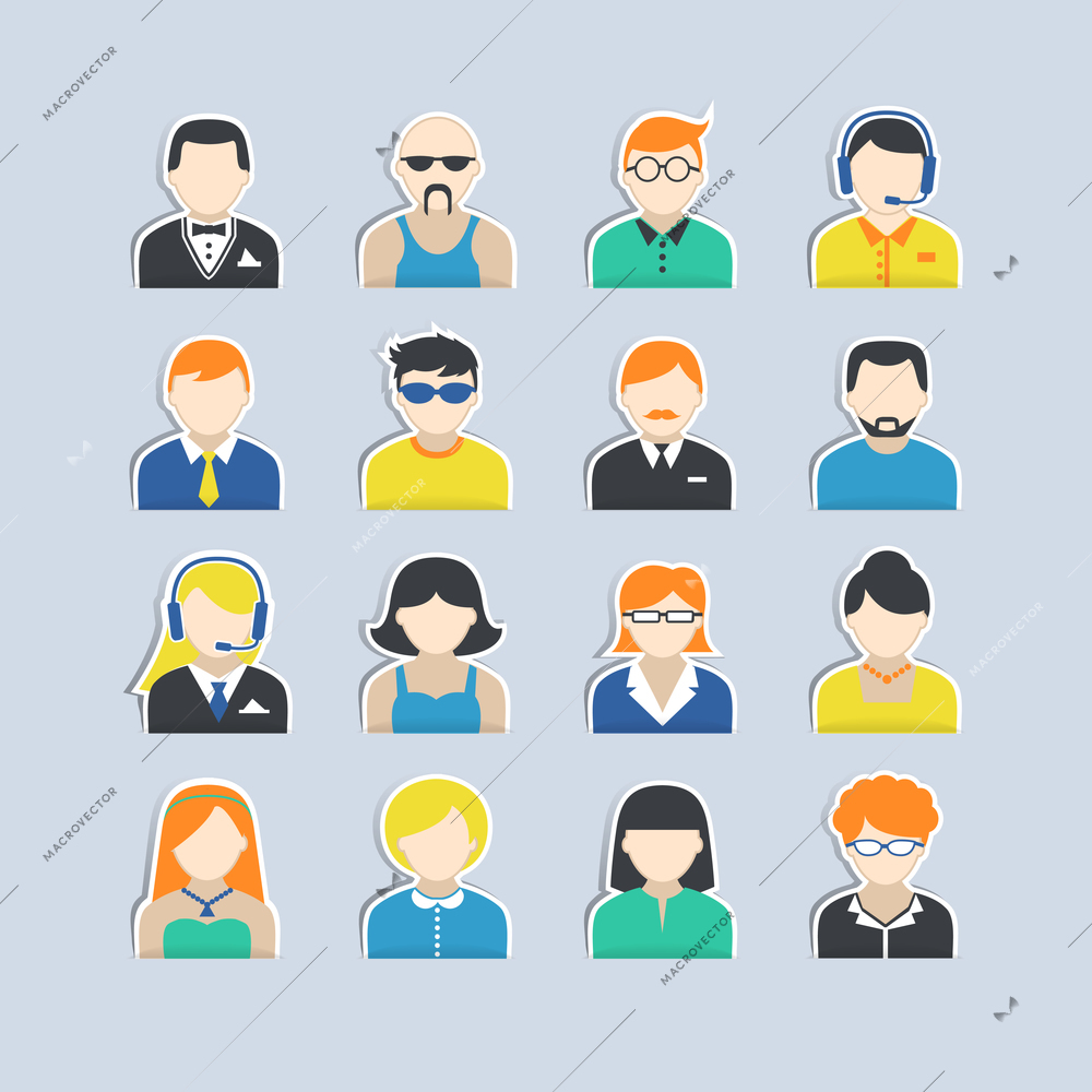 Avatar icons stickers users profile portrait set isolated vector illustration