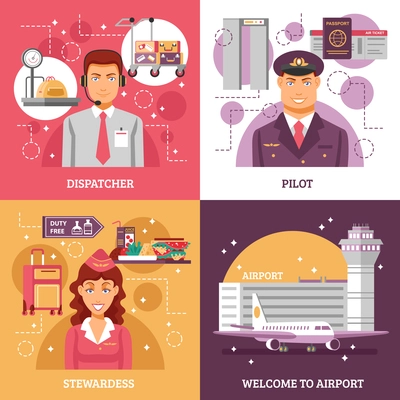 Airport design concept four square icons with descriptions of dispatcher pilot stewardess work vector illustration