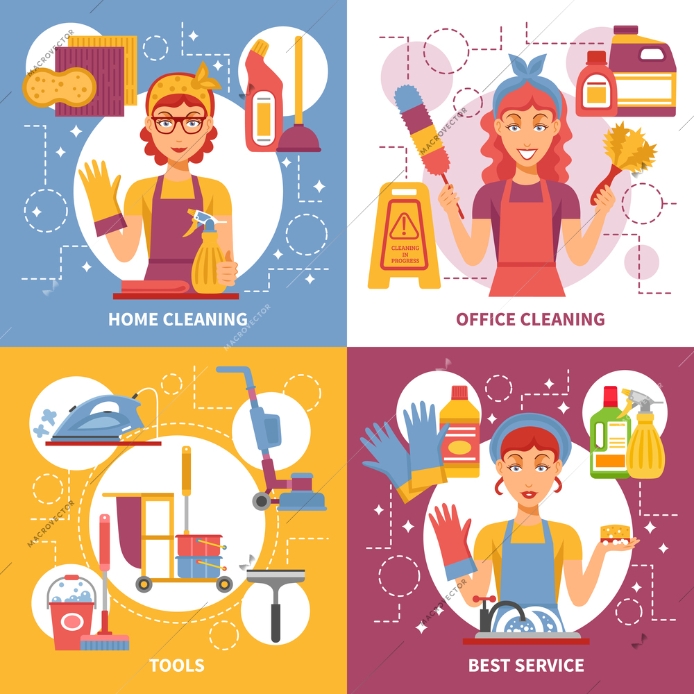 Four square cleaning service icon set on several topics such as home cleaning office cleaning tools and best service vector illustration