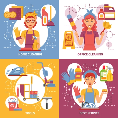 Four square cleaning service icon set on several topics such as home cleaning office cleaning tools and best service vector illustration