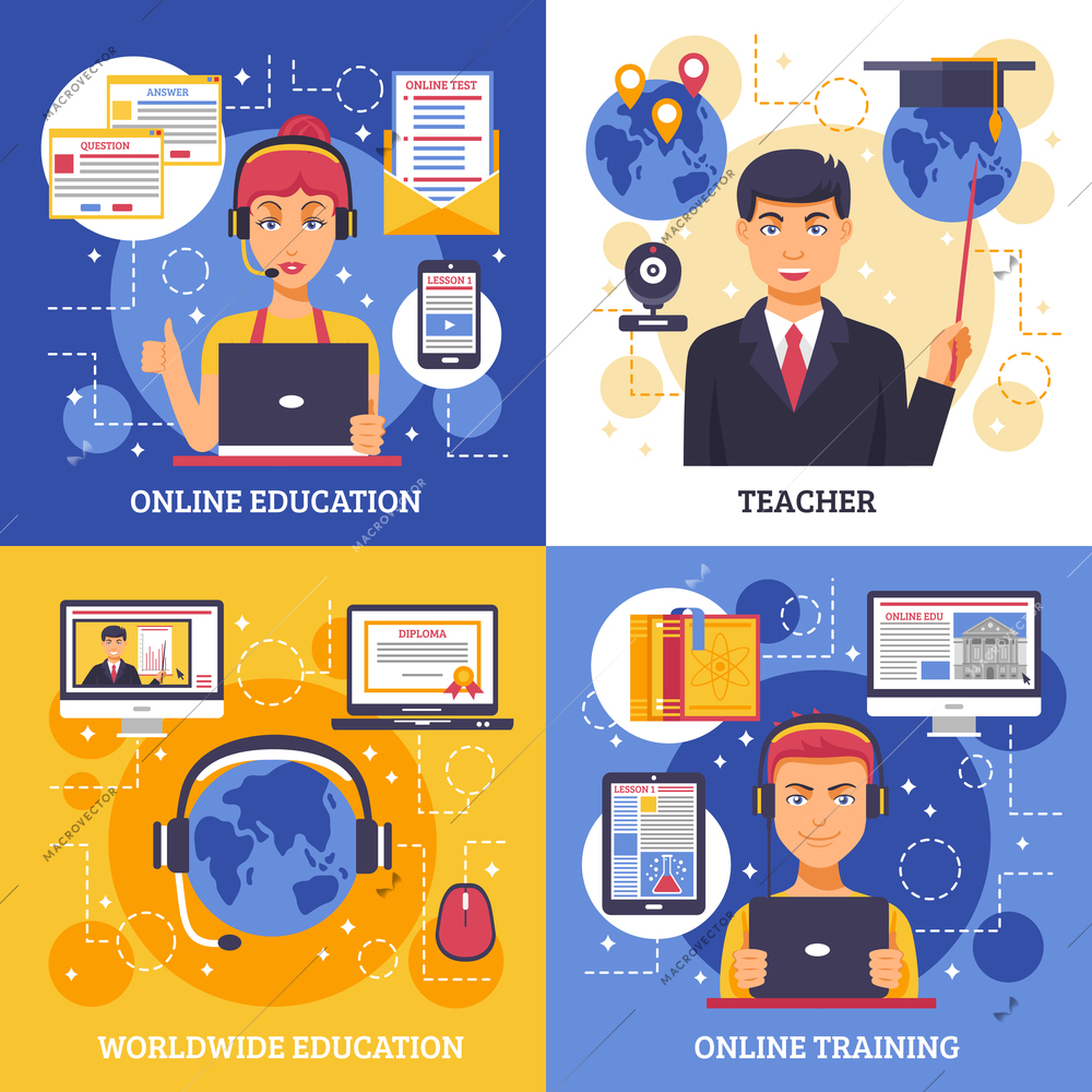 Online education training design concept four square icon set with descriptions of online education teacher worldwide education and online training vector illustration
