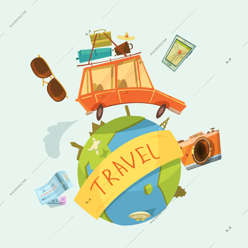 Travel around the world concept with car tickets and camera cartoon vector illustration