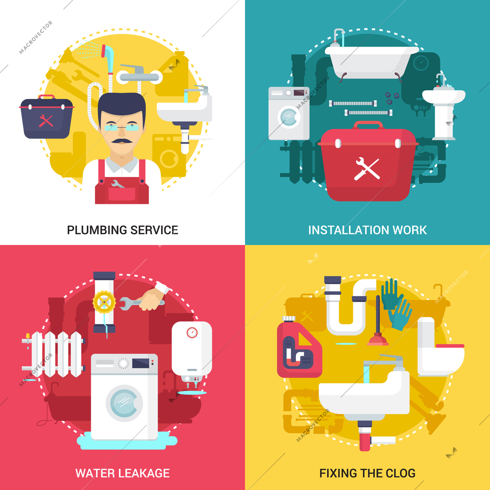 Clogged drains cleaning and installations plumbing service concept  4 flat icons square design abstract isolated vector illustration