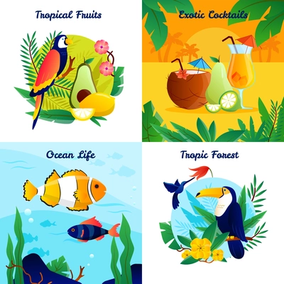 Tropical design concept with fruits exotic cocktails ocean life vector illustration