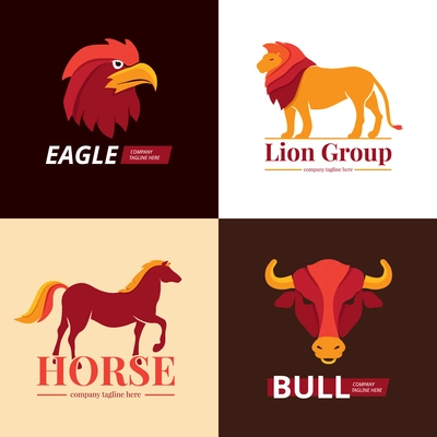 Lion eagle horse and bull animals logo design concept 4 flat icons square composition abstractisolated vector illustration