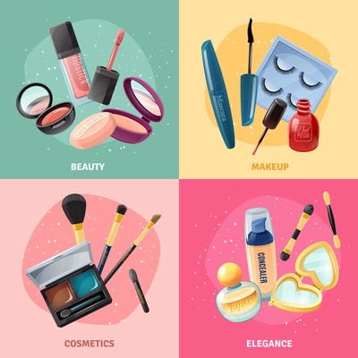 Facial cosmetics make-up beauty case accessories 4 realistic icons square with lipstick and eye shadows isolated vector illustration