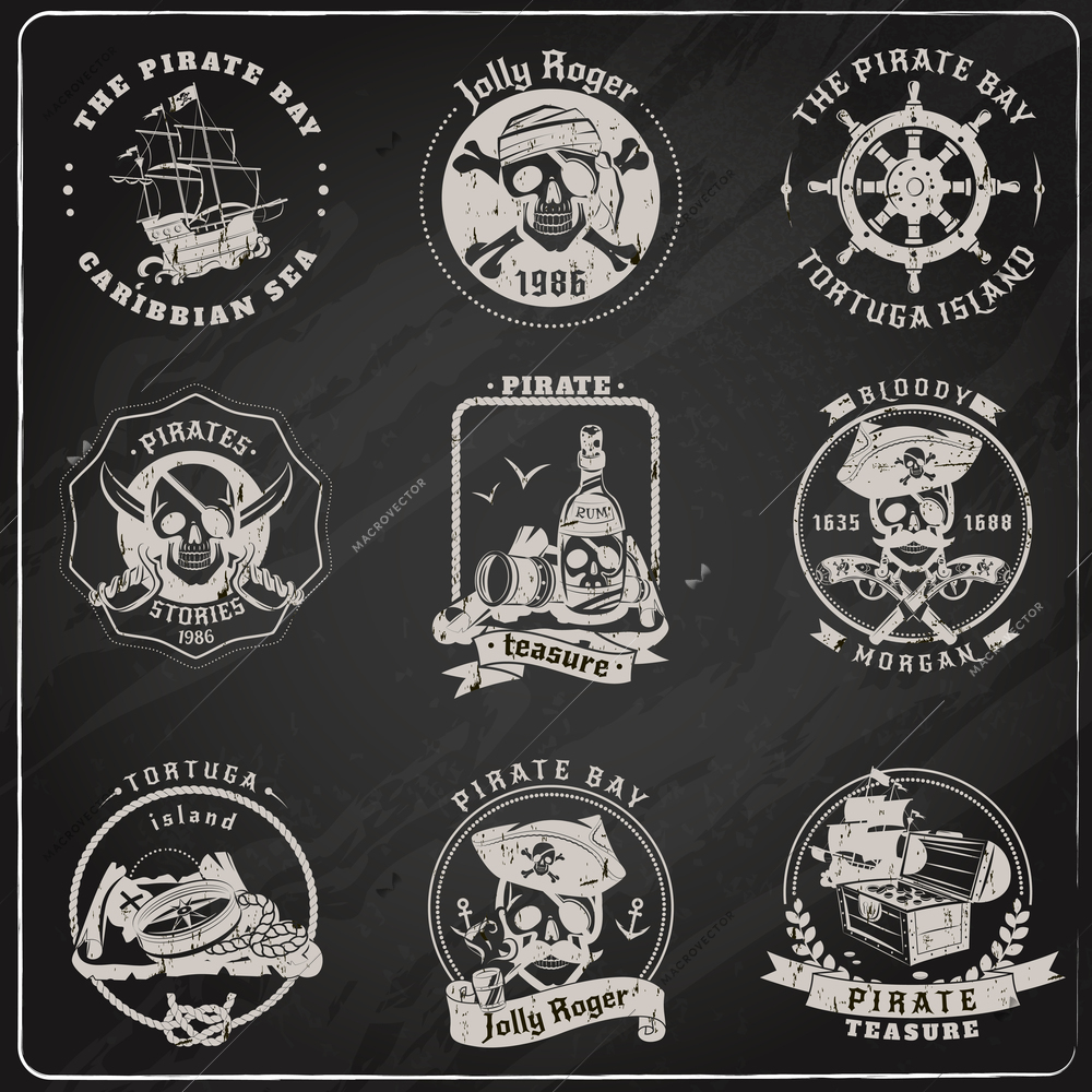 Famous pirate stories games and legends emblems pictograms set in chalk on blackboard abstract isolated vector illustration