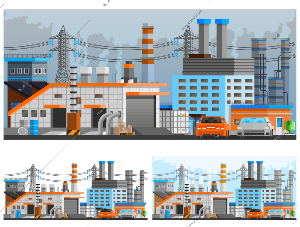 Industrial buildings orthogonal compositions set with pipes and parking flat isolated vector illustration